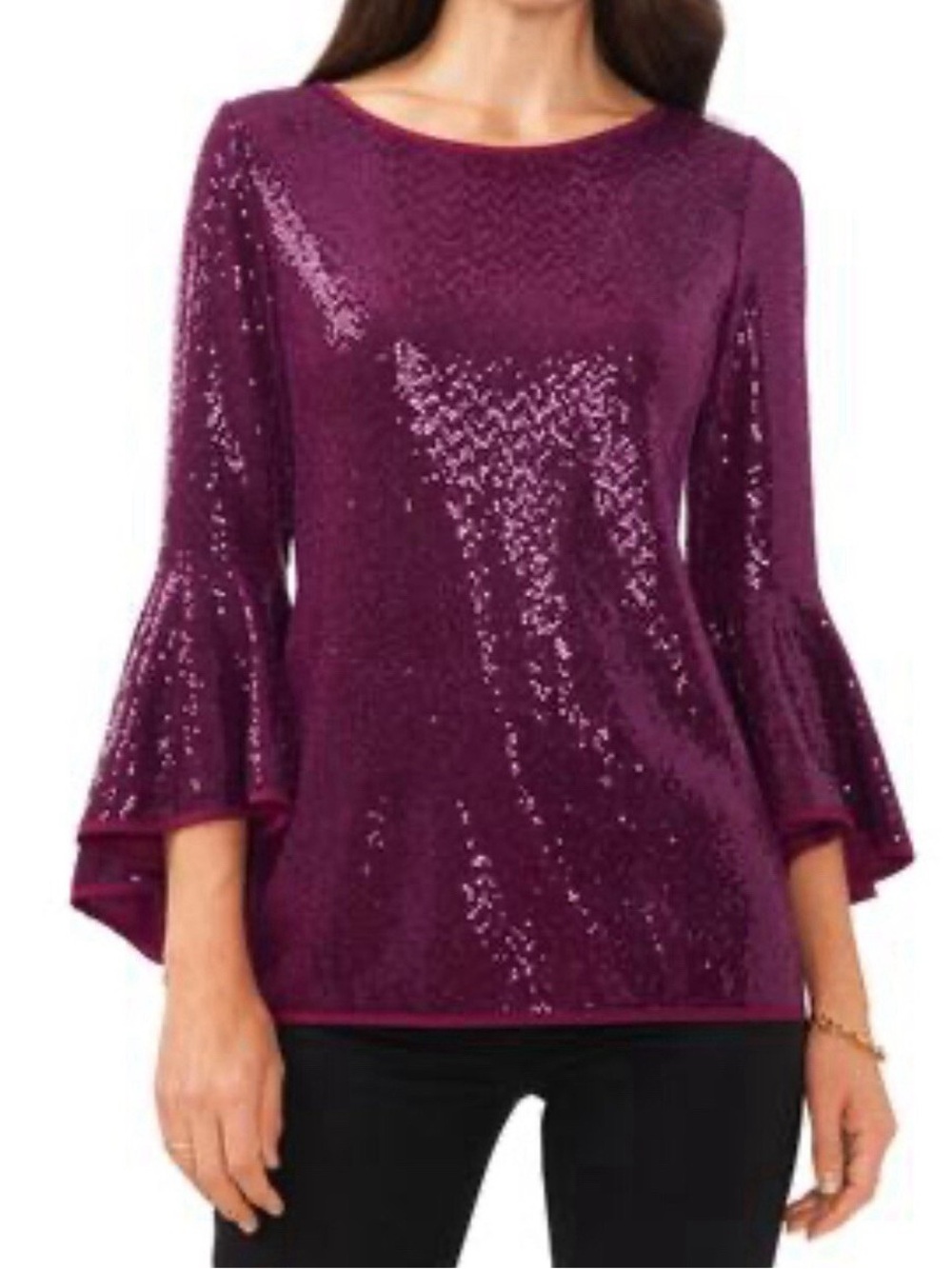 Vince Camuto Disco Purple Plum Sequin Metallic Knit Flutter Bell Sleeve Top XS-S